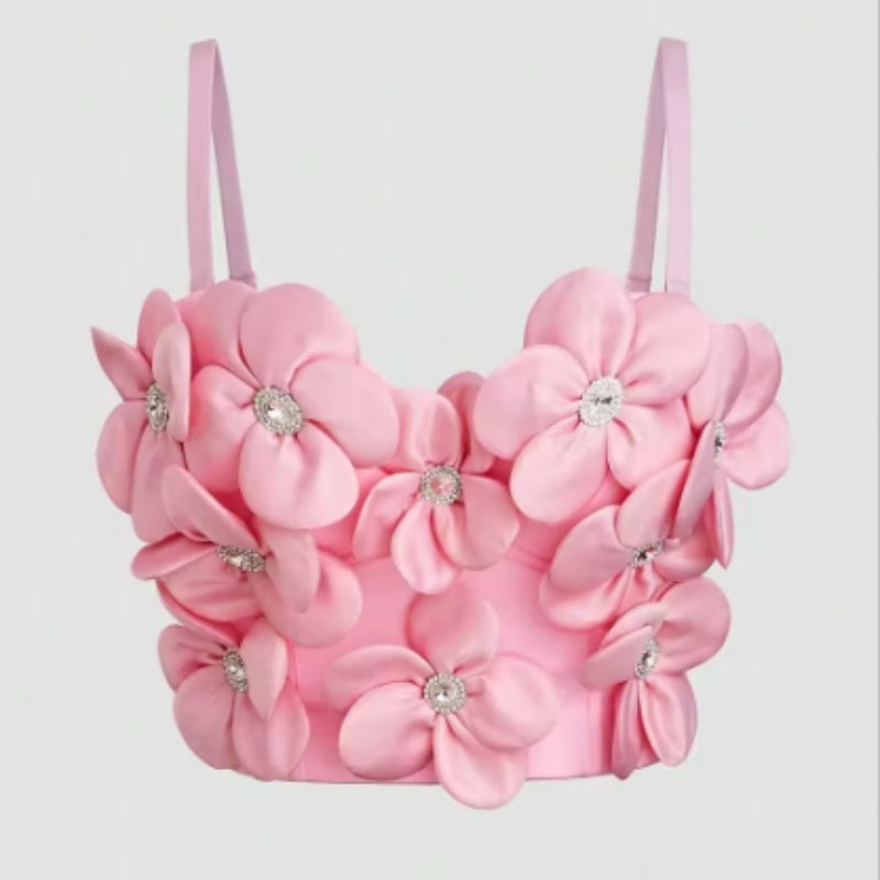 New Dopamine Floral Rhinestone Bandeau Sling Top