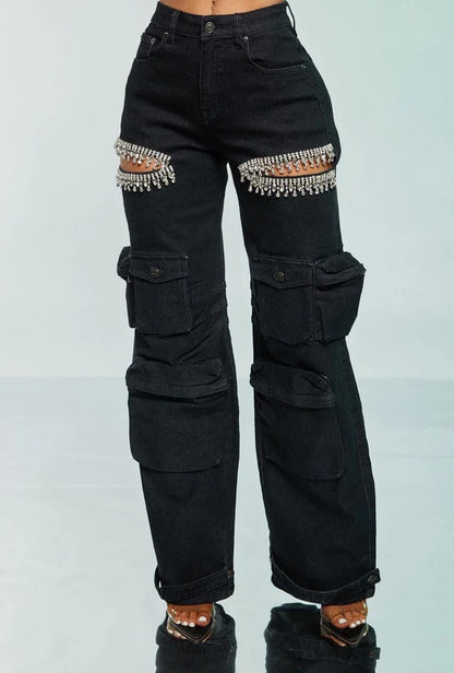 Women's Hollow-out Diamond Decorations Multi-pocket Stretch Jeans