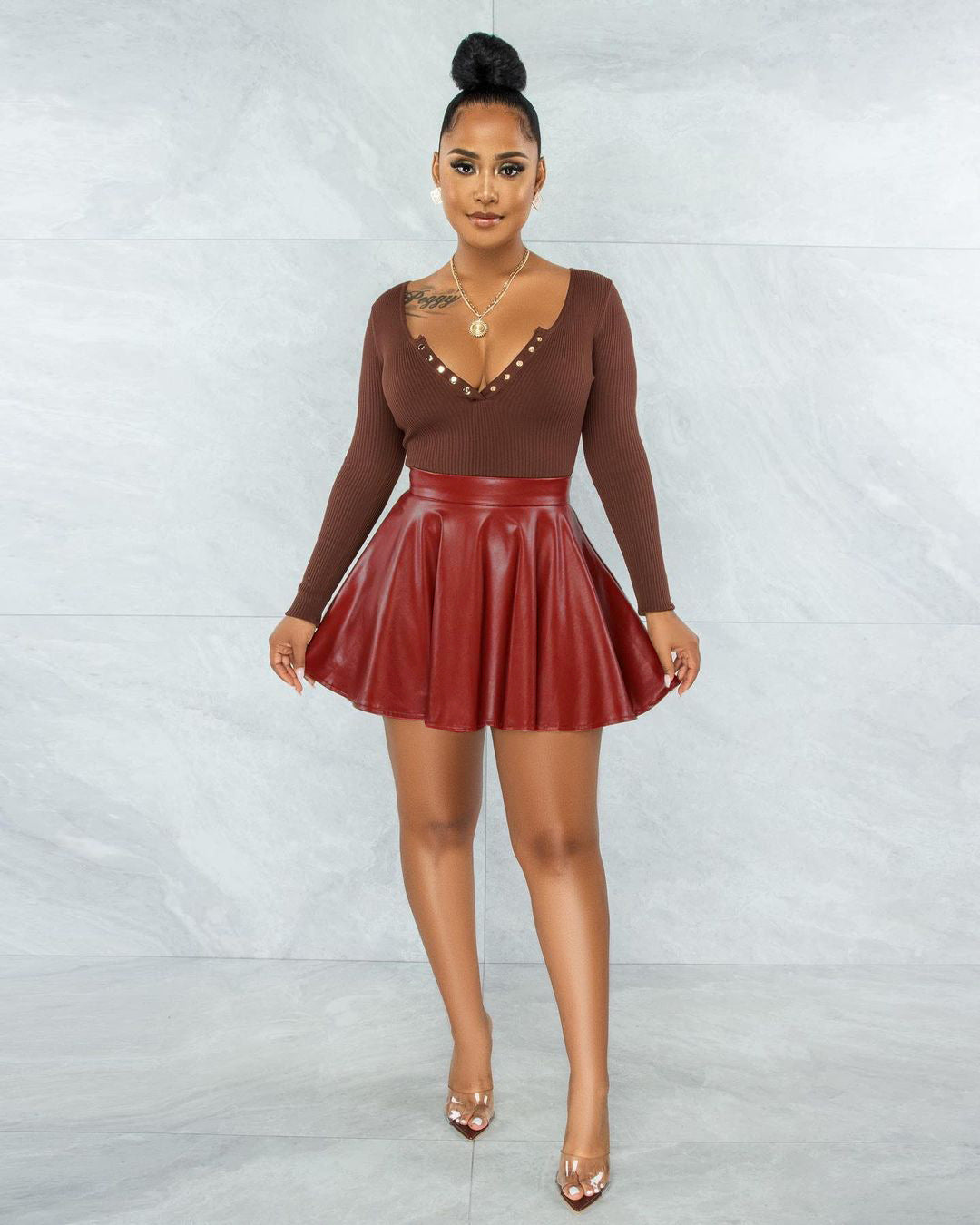 Sexy Solid Color PU Leather Swing Skirt