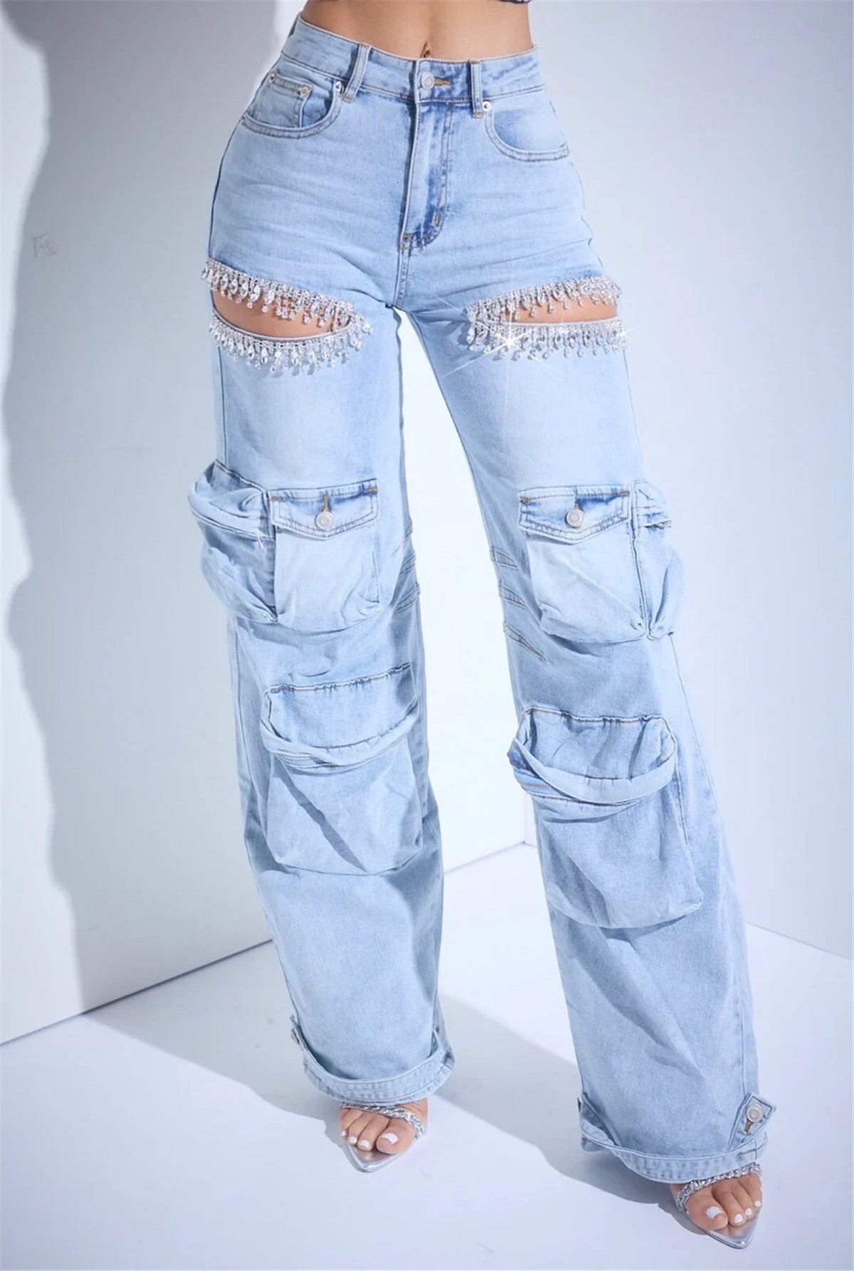 Women's Hollow-out Diamond Decorations Multi-pocket Stretch Jeans