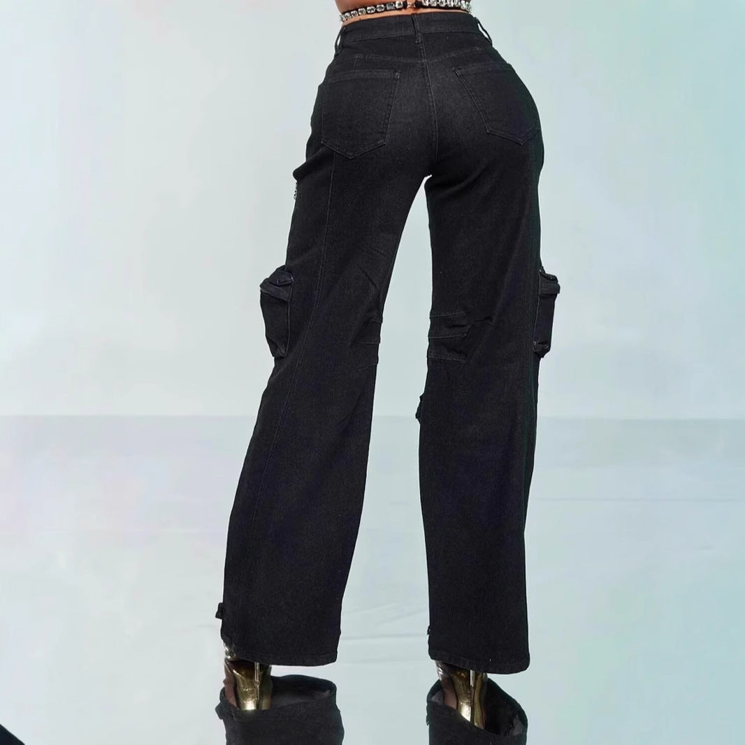 Women's Hollow-out Diamond Decorations Multi-pocket Stretch Jeans