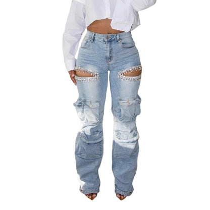 Women's Hollow-out Diamond Decorations Multi-pocket Stretch Jeans